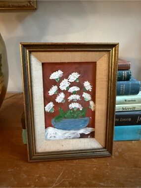 Framed Floral Oil Painting with White Blooms and Blue Planter